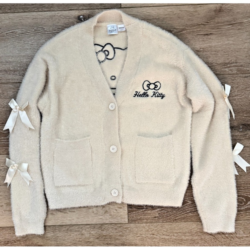Hello Kitty Women's Graphic Cardigan S/M Cream Blush Soft Sanrio Sweater
